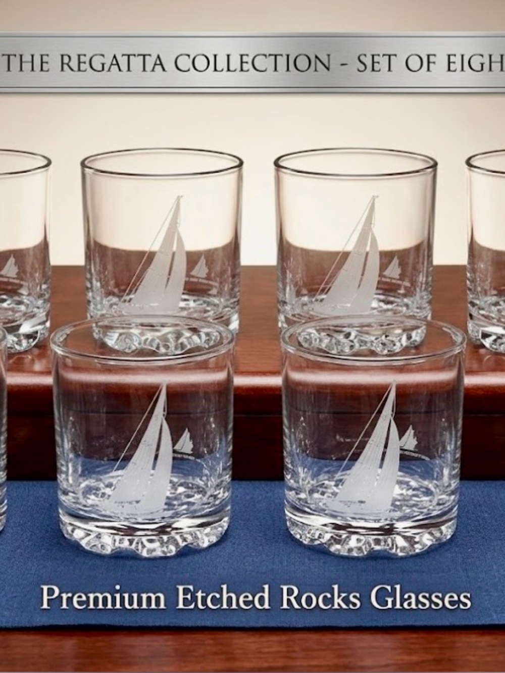 Clear Etched Sailboat Old Fashioned Glasses - Set of 8